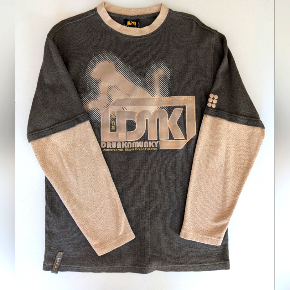 Vintage 90s Drunknmunky cotton thermal faux layered long sleeve shirt. Medium.